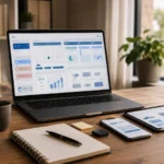 Mesa de trabalho com notebook exibindo painel de gestão de conteúdo para redes sociais e organização de presença digital profissional.