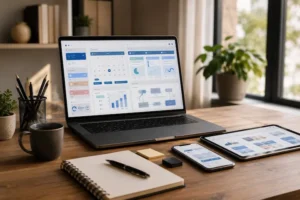 Mesa de trabalho com notebook exibindo painel de gestão de conteúdo para redes sociais e organização de presença digital profissional.