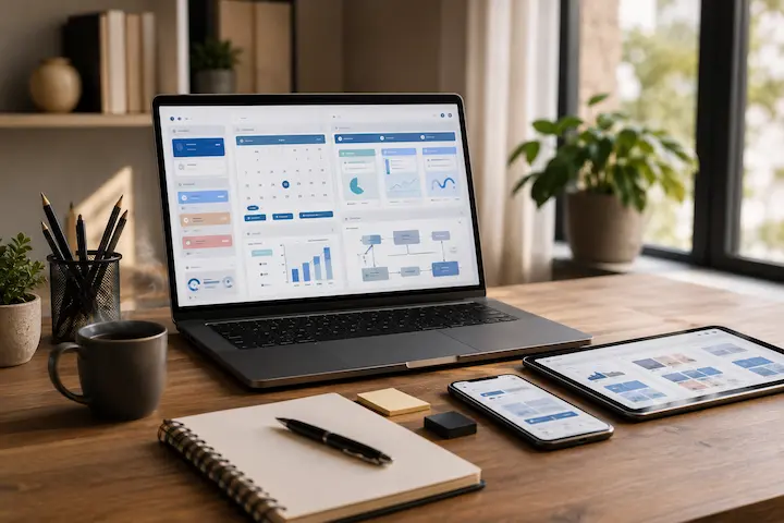 Mesa de trabalho com notebook exibindo painel de gestão de conteúdo para redes sociais e organização de presença digital profissional.