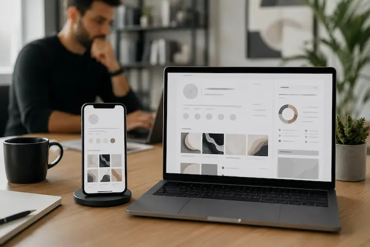 Smartphone e notebook exibindo interfaces genéricas relacionadas ao branding pessoal nas redes sociais.