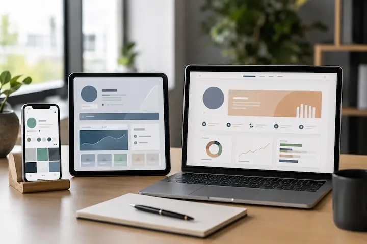 Dispositivos digitais exibindo interfaces genéricas utilizadas na organização de perfis multiplataforma.