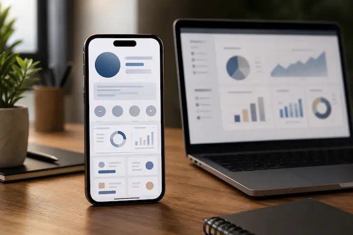 Smartphone exibindo perfil digital estruturado ao lado de painel analítico em notebook.