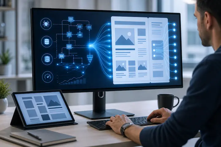 Tela profissional exibindo a relação entre SEO técnico e conteúdo editorial por meio de fluxos, páginas digitais, dados e conexões estruturadas.