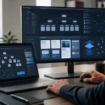 Painel profissional de SEO técnico e conteúdo editorial exibindo estrutura de site, organização de páginas e análise visual em ambiente corporativo.
