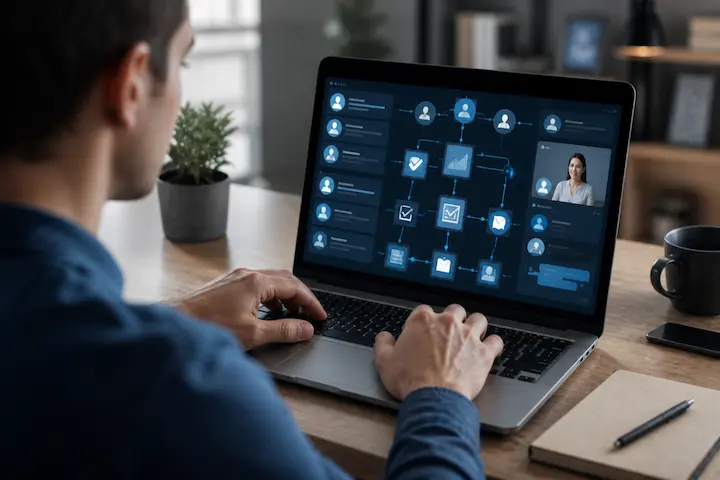 Interface digital exibindo fluxo de trabalho com conexões entre tarefas, usuários e execução prática de serviços online.