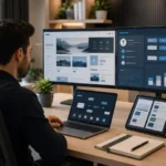 Ativos digitais sendo gerenciados em diferentes plataformas online por meio de painéis de monitoramento e análise.