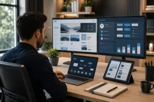 Ativos digitais sendo gerenciados em diferentes plataformas online por meio de painéis de monitoramento e análise.