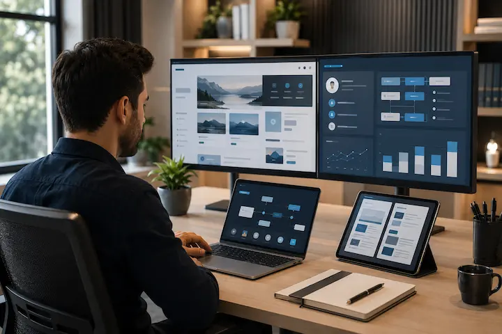 Ativos digitais sendo gerenciados em diferentes plataformas online por meio de painéis de monitoramento e análise.