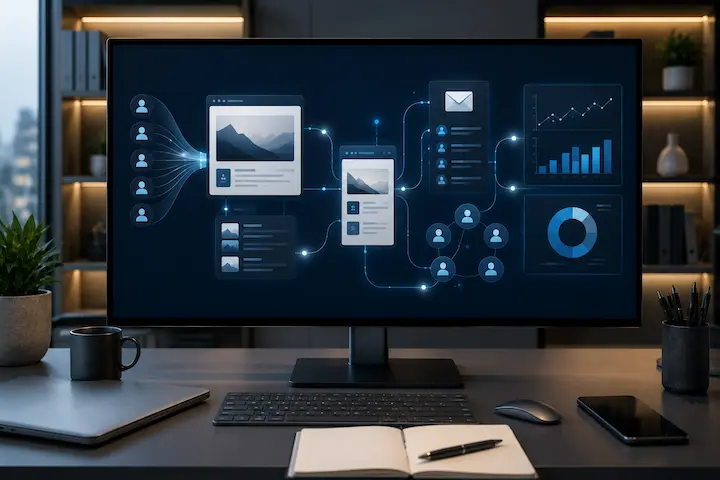 Fluxo de geração de valor por meio de ativos digitais conectando conteúdo, audiência, e métricas de desempenho.