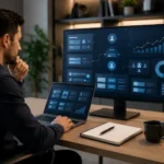 Profissional analisando estratégias de marketing de conteúdo e crescimento orgânico em ambiente corporativo moderno.