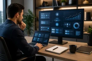 Profissional analisando estratégias de marketing de conteúdo e crescimento orgânico em ambiente corporativo moderno.
