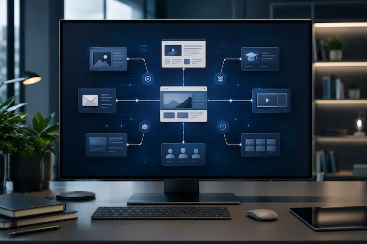 Representação visual de diferentes tipos de ativos digitais conectados em um ecossistema online.
