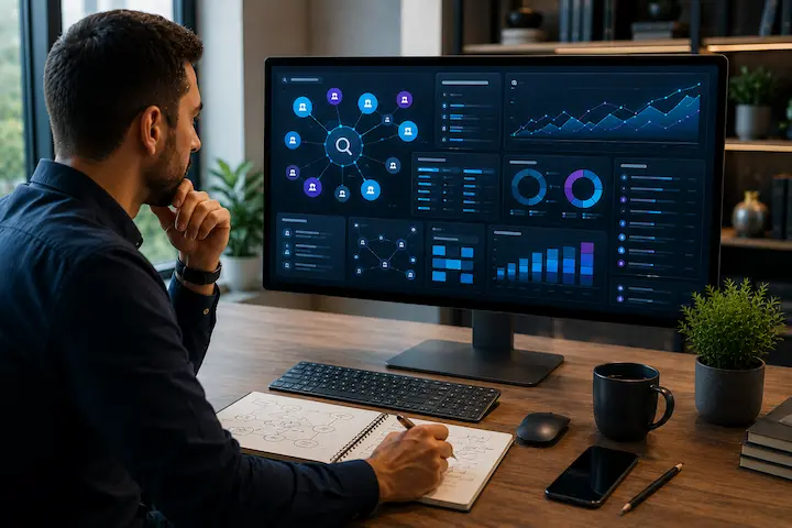 Computador exibindo painel de planejamento de pesquisa de palavras-chave e análise de tendências para SEO.