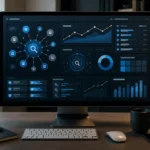 Workspace moderno com painel de pesquisa de palavras-chave e análise de SEO em um monitor.