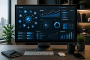 Workspace moderno com painel de pesquisa de palavras-chave e análise de SEO em um monitor.